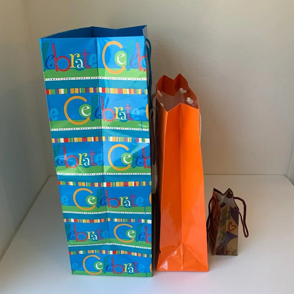 Gift Bags Set of 3 Birthday Celebrate Hearts Orange Blue 3 PC Set Assorted Sizes